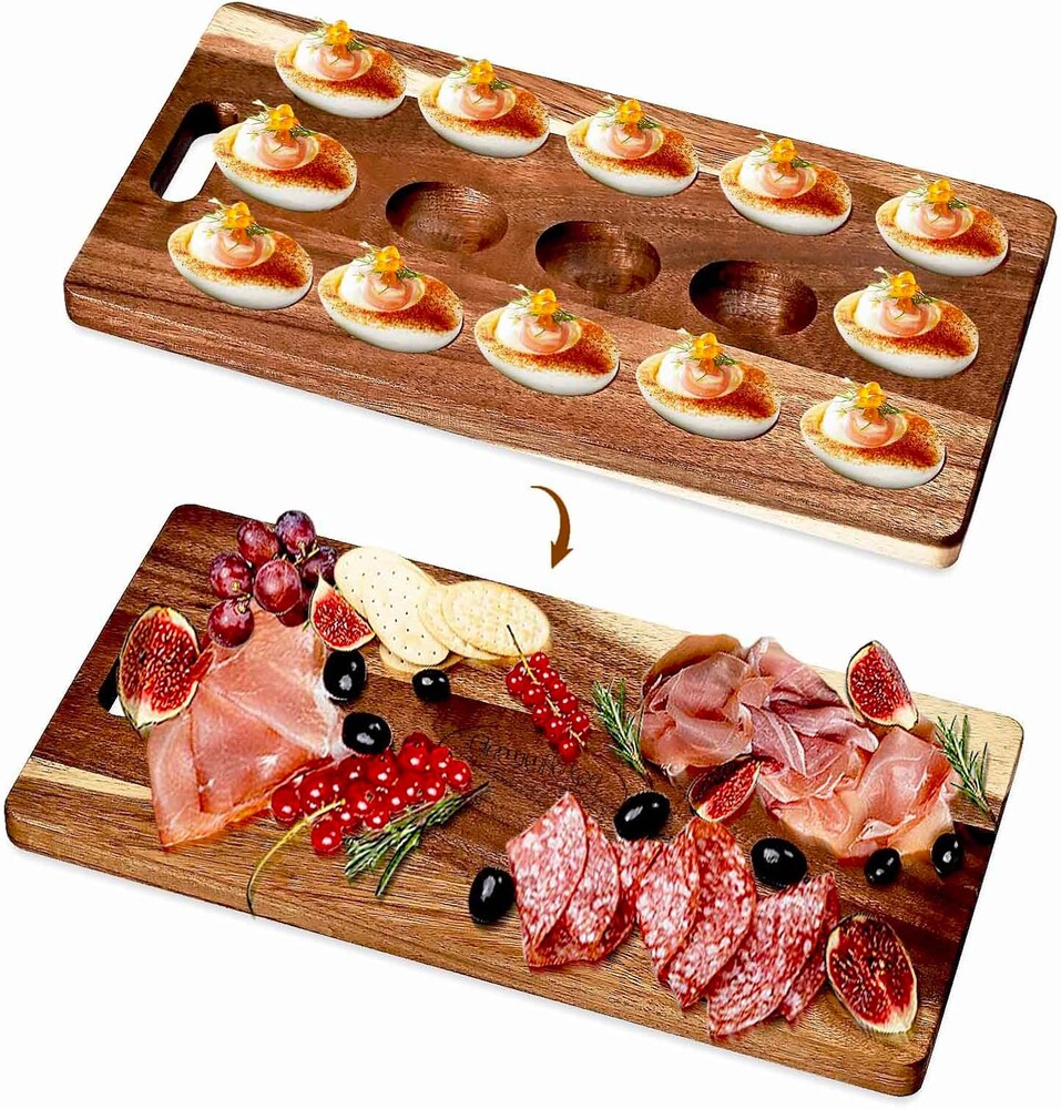 Acacia Wood Deviled Egg Platter,15Holes Deviled Egg Tray.Strip Deviled Egg Holder for Deviled Eggs.Small Charcuterie Board Easter Deviled Egg Carrier for Kitchen Countertops
