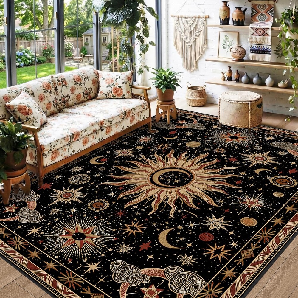 5x7 Area Rugs, Washable Vacuum-Friendly Non-Slip Rug Vintage Boho Gothic Sun and Moon Printed Pattern Low Pile Carpet for Living Room Bedroom Dining Room Hallway Entryway,Black Gold Beige Red