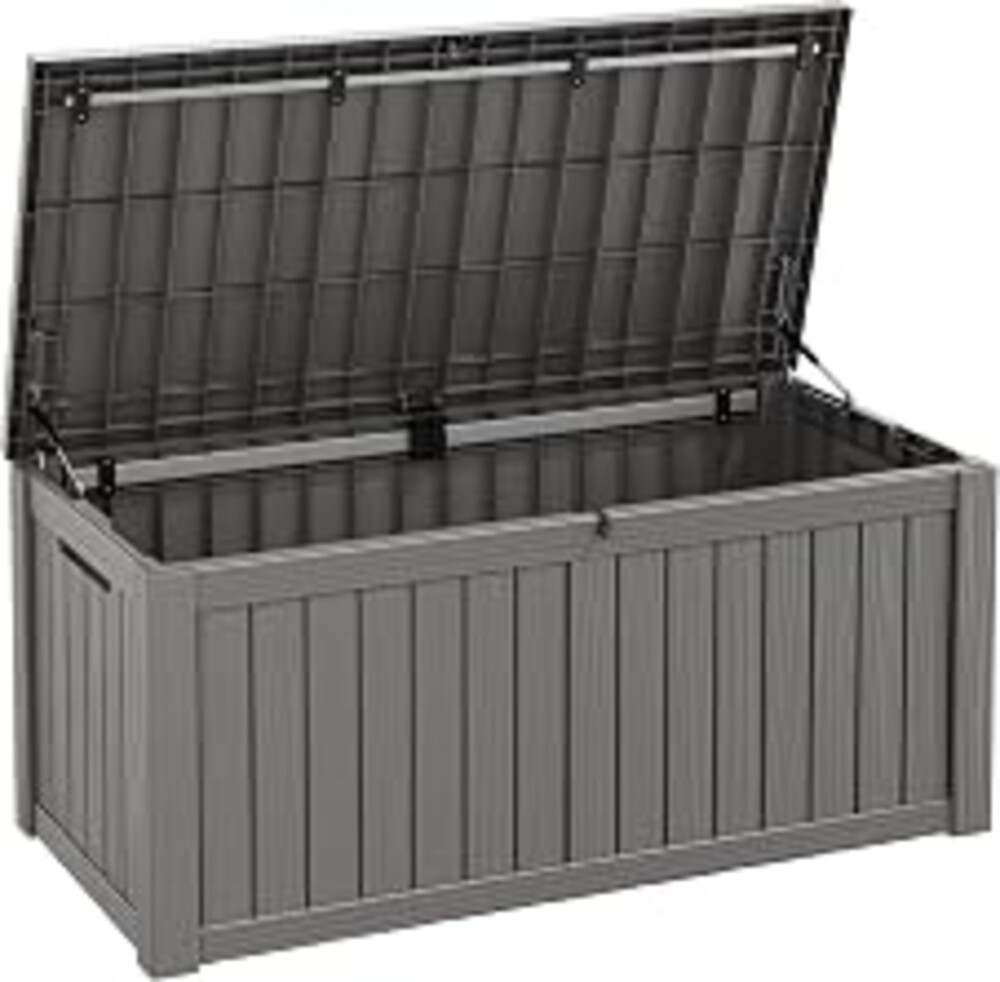 Fancyango 150 Gallon Outdoor Deck Box Waterproof, Large Storage Box for Patio, Resin Storage Bench Lockable for Garden Tools, Package Delivery, Grey