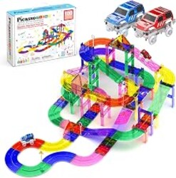 PicassoTiles 100 Pcs Race Track Magnetic Tiles Building Set LED Cars Truck Included with Adjustable Roads and Signs Multicolored STEM Toy Kit Construction Educational for Boys & Girls Ages 3+ PTR100