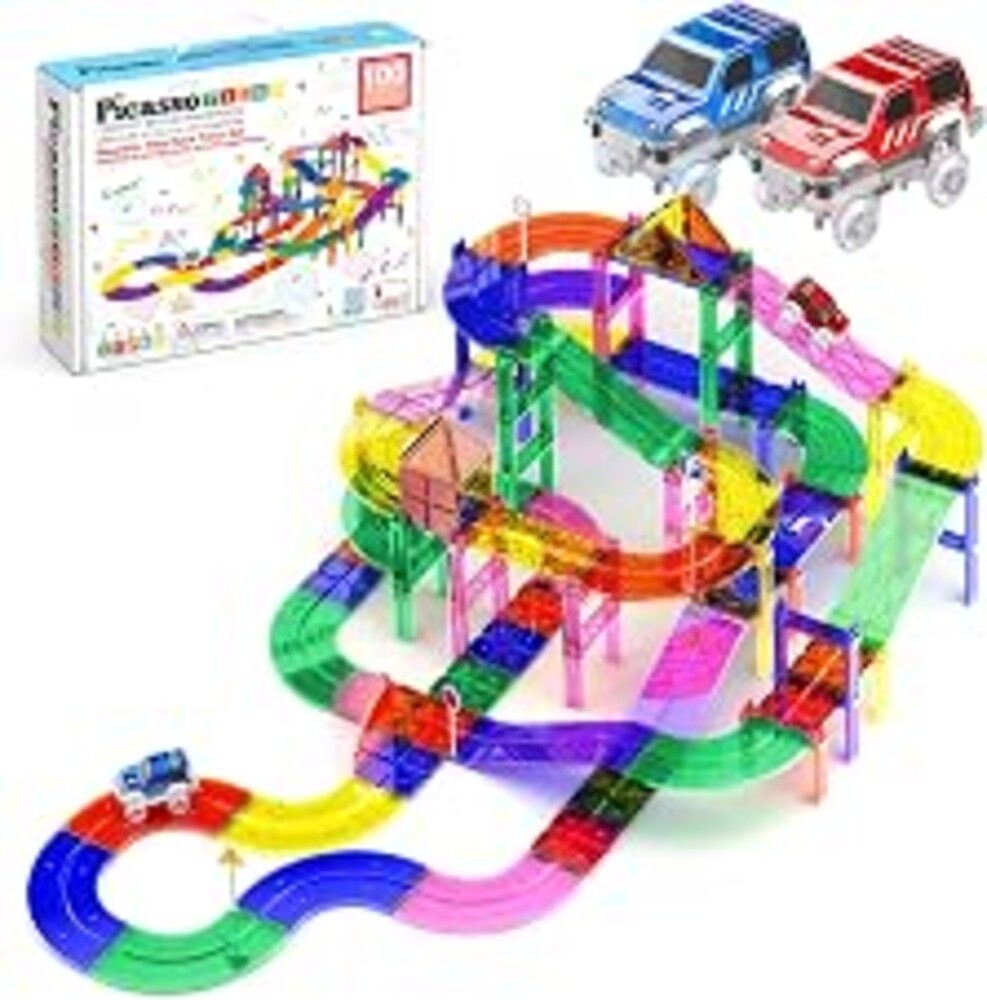 PicassoTiles 100 Pcs Race Track Magnetic Tiles Building Set LED Cars Truck Included with Adjustable Roads and Signs Multicolored STEM Toy Kit Construction Educational for Boys & Girls Ages 3+ PTR100
