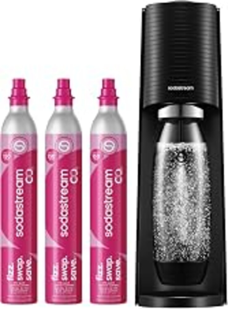 SodaStream TERRA Sparkling Water Maker, CO2 Bundle, CQC CO2 System, Includes 3 Quick Connect 60L CO2 Cylinders, 1 Dishwasher Safe BPA Free Bottle, Make your own Pepsi, Black