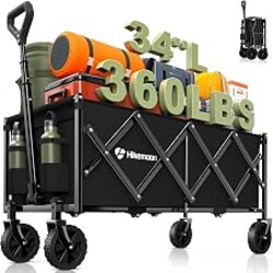 Hikemoon 34'' Extra Long Collapsible Wagons Carts Foldable, 360LBS Heavy Duty Folding Beach Wagon Cart with Wheels, Portable Utility Outdoor Wagon for Grocery, Shopping, Garden, Sports, Camping, Black
