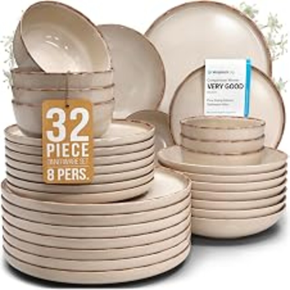 32 Piece Stoneware Dinnerware Set for 8 - Handmade Reactive Glaze Plates and Bowls Set - Chip & Scratch Resistant Dish Set - Dishwasher Microwave Safe - Rustic Beige