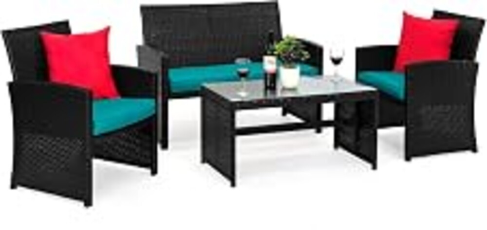 Best Choice Products 4-Piece Outdoor Wicker Patio Conversation Furniture Set for Backyard w/Coffee Table, Seat Cushions - Black/Teal