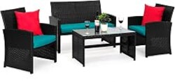 Best Choice Products 4-Piece Outdoor Wicker Patio Conversation Furniture Set for Backyard w/Coffee Table, Seat Cushions - Black/Teal
