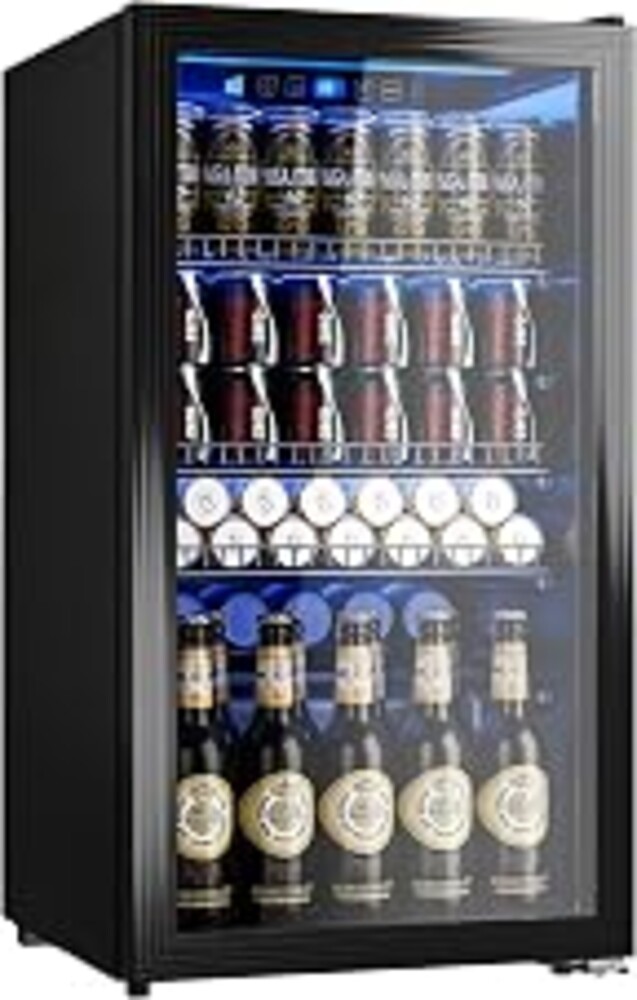 Manastin Beverage Refrigerator Cooler-130 Cans Freestanding Mini Fridge Cooler with Glass Door, Adjustable Shelves & Digital Temperature Display for Soda, Wine or Beer (Black, 3.2 Cu.Ft)