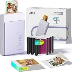 Liene Pearl N200 Pro Portable AI Photo Printer, Instant Mini Picture Printer for iPhone Smartphone, Thermal Dye Sublimation Bluetooth Sticker Maker 50 Sheets 2x3 Adhesive Paper & 5 Cartridges, Purple