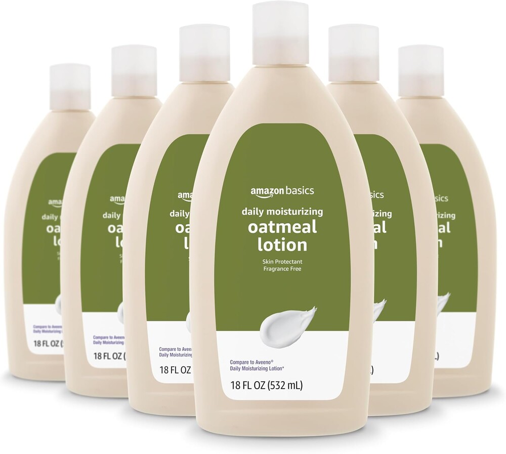 Amazon Basics Daily Moisturizing Oatmeal Body Lotion, Fragrance Free, Non-Comedogenic, Soothing Skin Protectant Moisturizer, 18 Fl Oz (Pack of 6) (Previously Solimo)