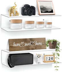 Clear Acrylic Floating Shelves - 2 Tier Wall Mounted Bathroom Organizer Set of 2 (15") - Space Saving Display Shelf for Makeup, Skincare, Kitchen Spices, & Home Decor