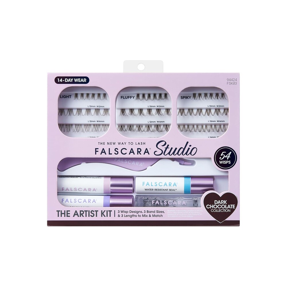 Falscara Studio Lash Extension Kit, 54 Stackable Lash Clusters, Medium Volume, 10mm-14mm, ‘Dark Chocolate’, False Eyelashes, InfuseBond, Water-Resistant Seal, BondBoost, Hydro Cleanser, Applicator