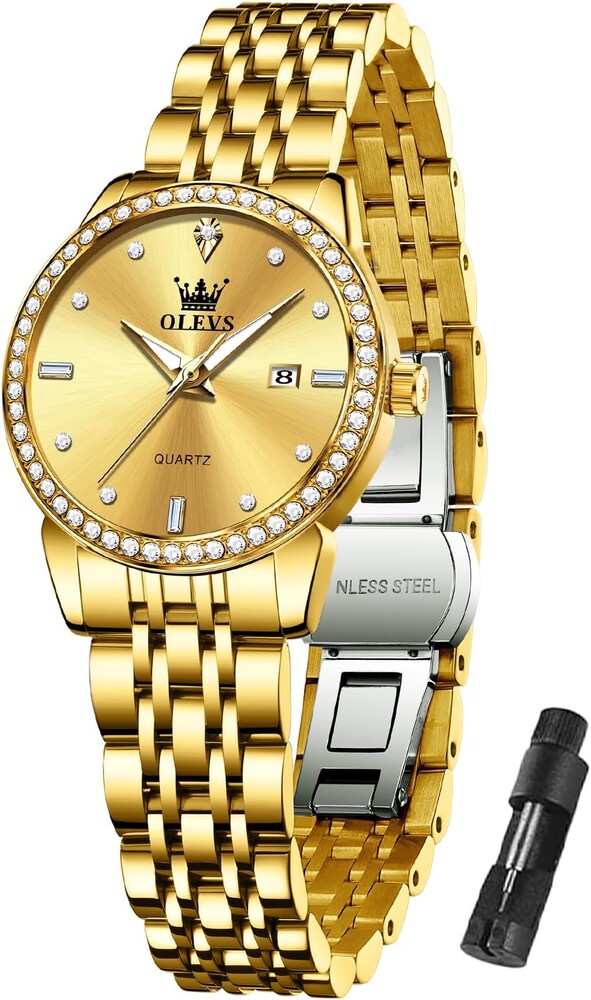 OLEVS Gold Watch for Women Waterproof Small Dial Ladies Watches Stainless Steel Analog Womens Wrists Watches Fashion Luxury Dress Diamond Watches for Women (Gold/Blue/Slive) Dial Gift for Women