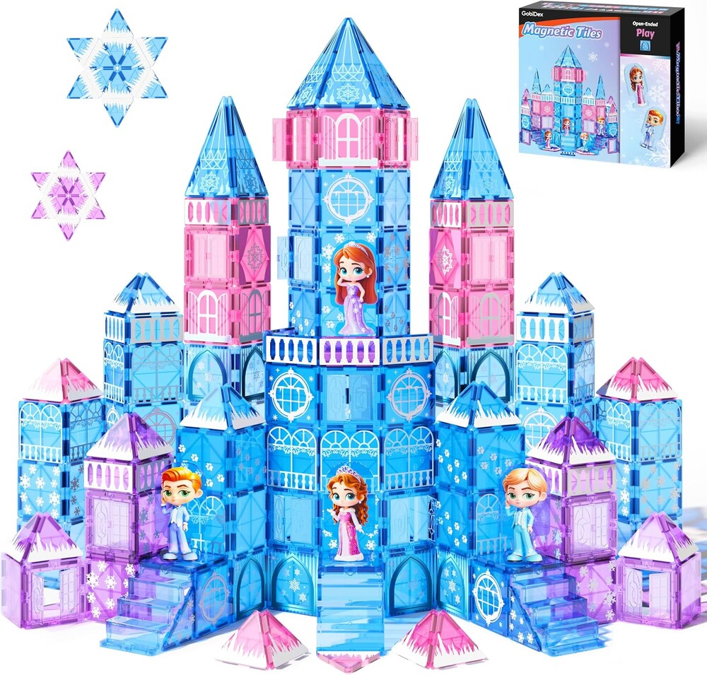 GobiDex 100PCS Magnetic Tiles Princess Castle with 4 Dolls & Stairs, Princess Magnetic Building Blocks for Kids Ages 3-5 4-8, Magnets Sensory Toddler Toys Birthday Gifts for 3+ Year Old Girls Boys