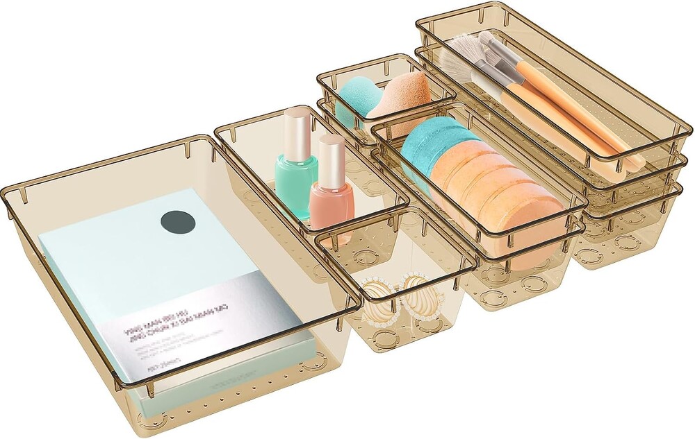 StorMiracle 10 PCS Drawer Organizer Set, 5 Varied Size Bathroom and kitchen Drawer cabinet organizer Trays, Clear Storage Bins for Makeup, Jewelry, Utensils and Gadgets, Champagne