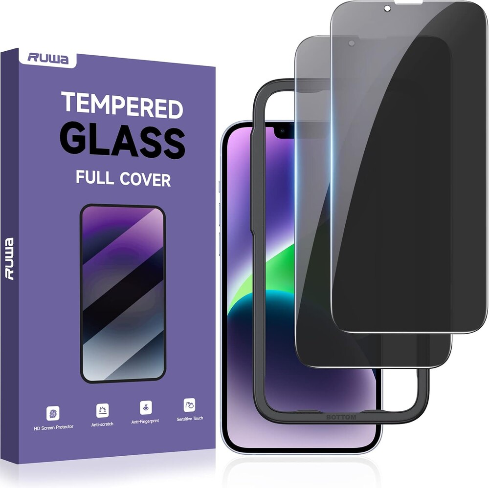 ruwa Privacy Screen Protector for iPhone 13/13 Pro/14/16e [2-Pack][6.1 Inch] Display Tempered Glass Film with Easy Installation Frame, Ultra HD, 9H Hardness, Scratch Resistant, Case Friendly