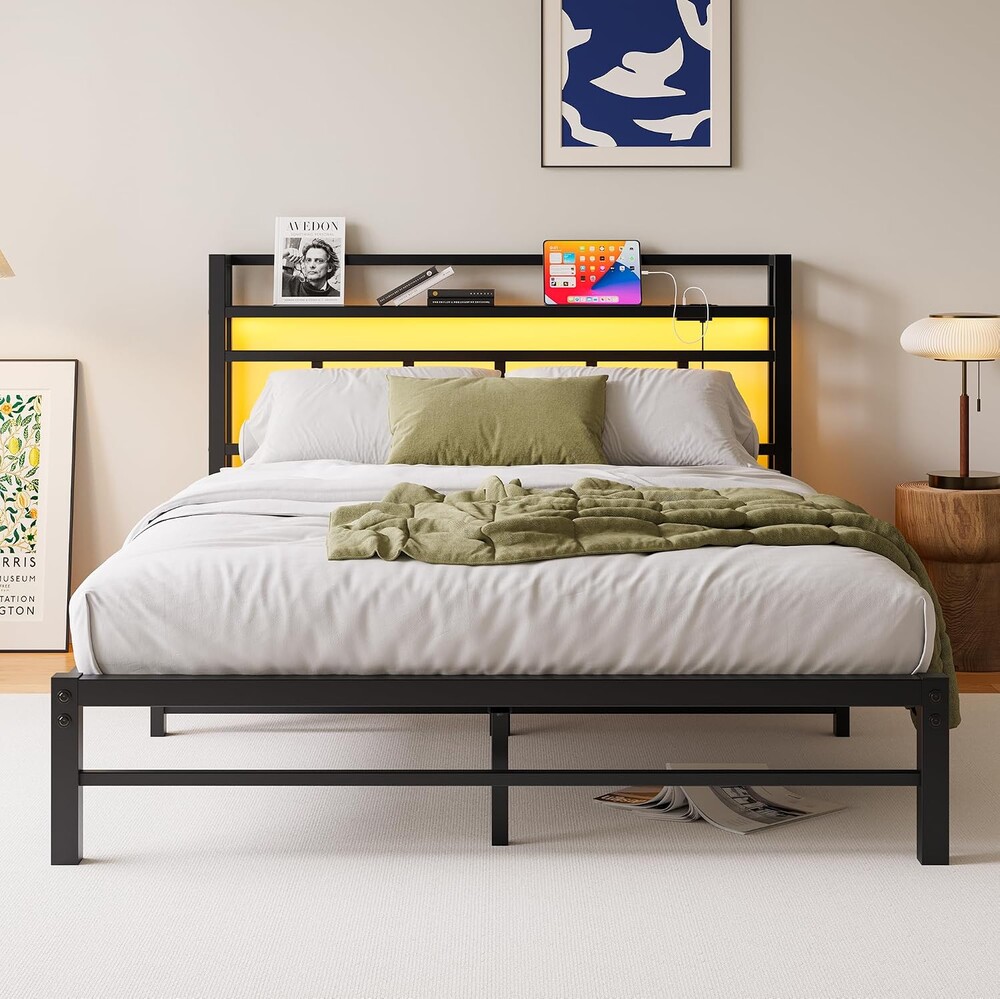 Full Size Bed Frame with USB Charging Station, LED Bed with Wood Storage Headboard, Black Metal Platform Bed,Heavy Duty Steel Slats Support,No Box Spring Needed, Noise Free,Easy Assembly