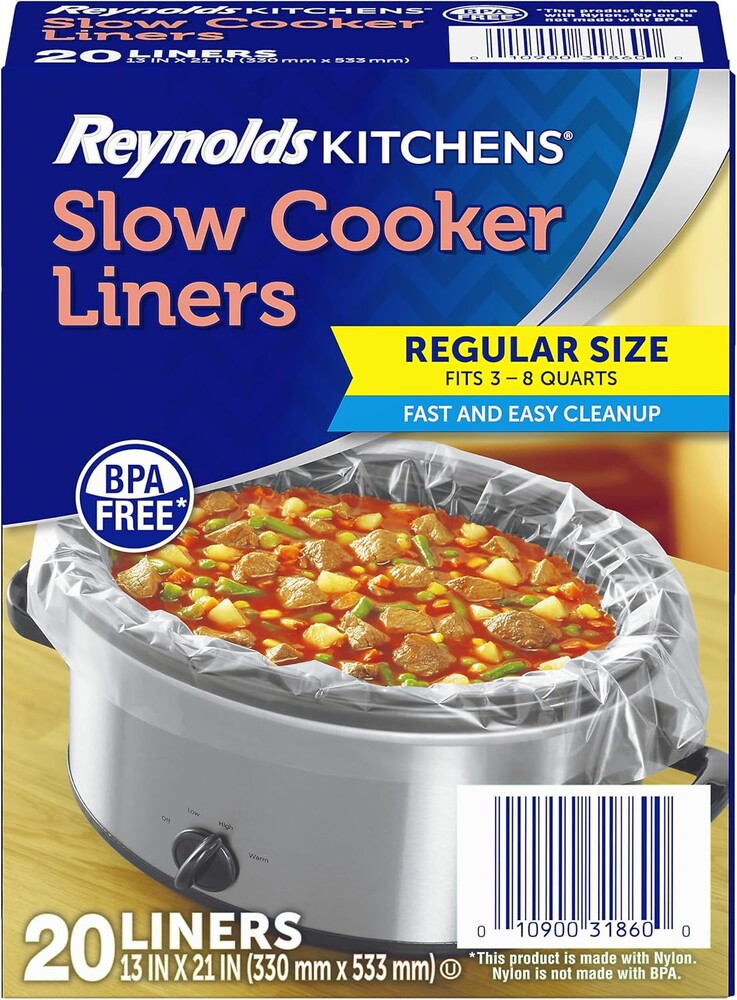 ​​Reynolds Kitchens Bulk Slow Cooker Liners, 20 Count, Fits 3-8 Quart Round and Oval Slow Cookers, Regular Size, BPA-Free Nylon Blend Construction, Heat-Resistant Up to 400F, Prevents Stuck on Food​