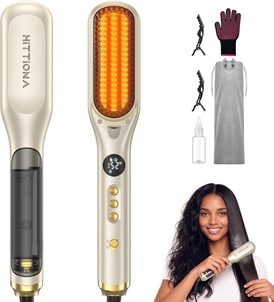 HITTIONA Steam Hair Straightener Brush for Women - 3 in 1 Ionic Hair Straightening, Steam Reduces Damage, Nourishes Hair, Anti-Frizz Expedites Straightening and Fast Salon Results, Travel Dual Voltage