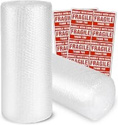 2-Pack Bubble Cushioning Wrap Rolls, 3/16" x 17" x 72' ft Total, Perforated 12" 20 Fragile Stickers for Shipping, Packaging, Mailing