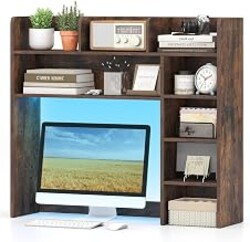 Tangkula Desktop Bookshelf with LED Lights, Desk Hutch with 8 Shelves for Max 25" Monitor, Desktop 5-Tier Display Rack, Multipurpose Wood Desktop Storage Hutch Organizer for Dorm Office Home