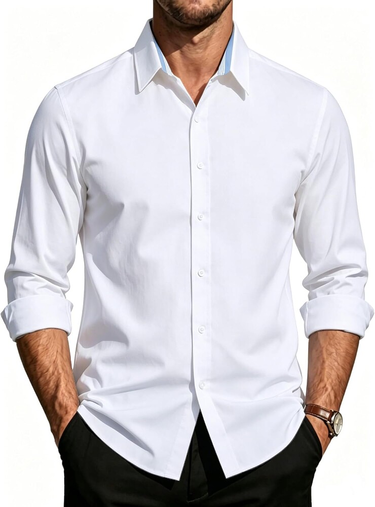 PJ PAUL JONES Mens Dress Shirts Long Sleeve Button Down Shirt Stretch Wrinkle Free Untucked Shirts for Men Business Casual