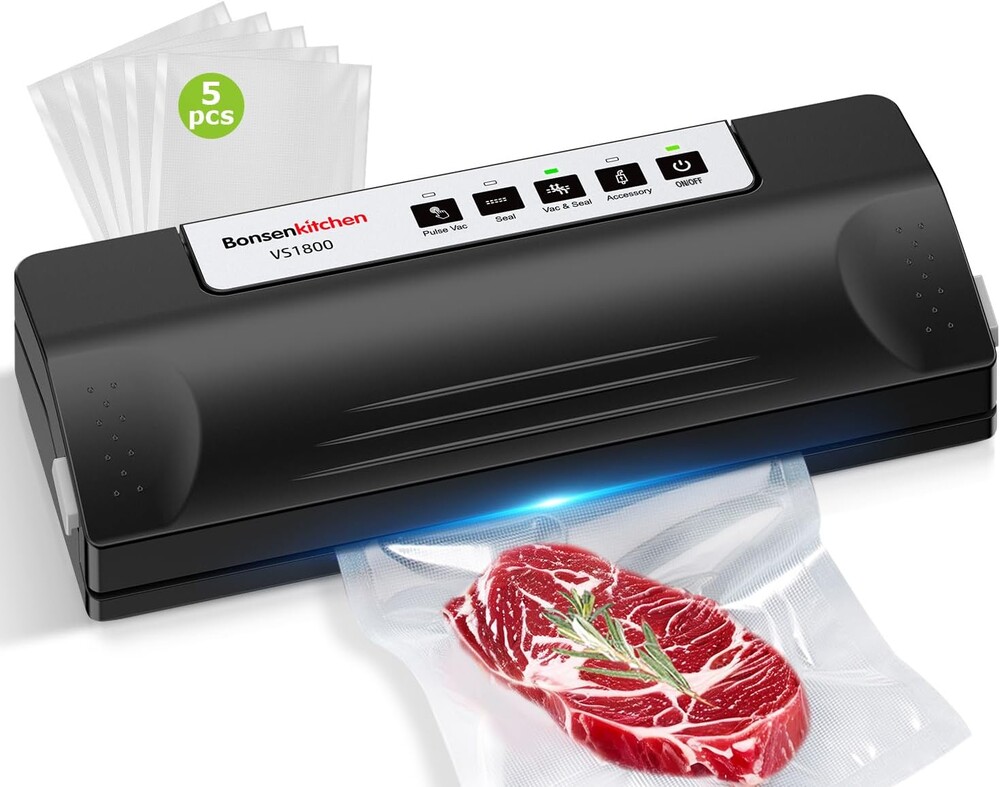 Bonsenkitchen Vacuum Sealer Machine for Food, Multi-Functional Food Sealer, Automatic Operation Mode, Commercial Grade, Compact Design, with 5 Vacuum Bags, Black-Silver