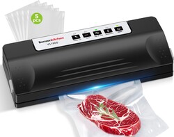 Bonsenkitchen Vacuum Sealer Machine for Food, Multi-Functional Food Sealer, Automatic Operation Mode, Commercial Grade, Compact Design, with 5 Vacuum Bags, Black-Silver