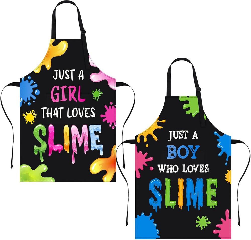 2pcs Slime Apron for Kids Aged 6-12 Kids, Waterproof Funny Slime Apron with Pockets, Kitchen Adjustable Aprons for Girls Boys Baking Cooking Gardening Party