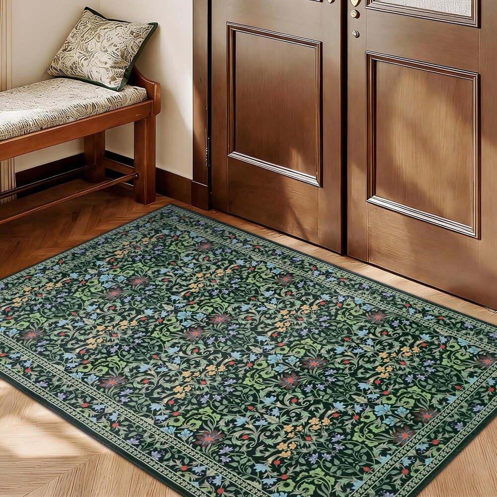 3x5 Washable Rugs for Entryway, Small Dark Green Area Rug for Laundry Room | Non-Slip Entryway Bathroom Rugs Bedroom Kitchen Rug Low Pile Ultra Soft Stain Resistant Carpet