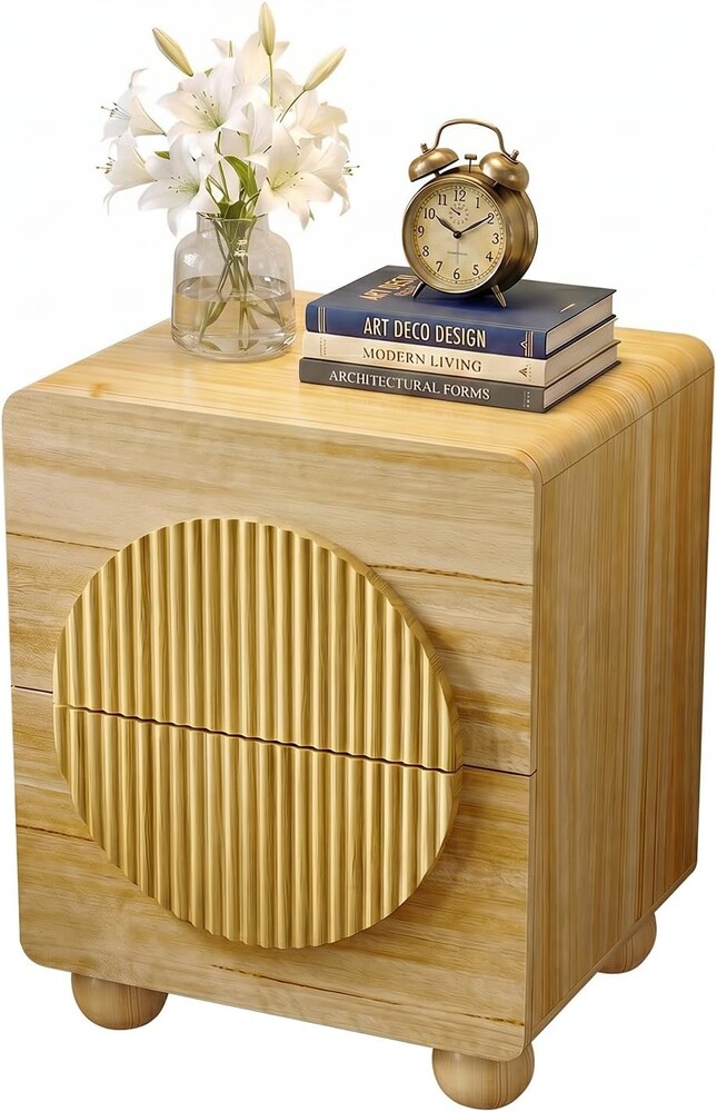 23" Nightstand with Solid Wood Legs, Modern Style Bedside Table with Round Moon Handle & Storage, Mid Century Cute Night Stand for Bedroom, Side Table, End Table, Natural Oak