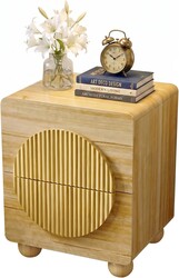 23" Nightstand with Solid Wood Legs, Modern Style Bedside Table with Round Moon Handle & Storage, Mid Century Cute Night Stand for Bedroom, Side Table, End Table, Natural Oak