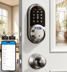 Veise RZ07C Smart Locks for Front Door, 2 Knob Handle Set, Fingerprint Keyless Entry, App Control Biometric Lock, Electronic Digital Touchscreen Keypad Deadbolt, Easy Install, Auto Lock, Satin Nickel
