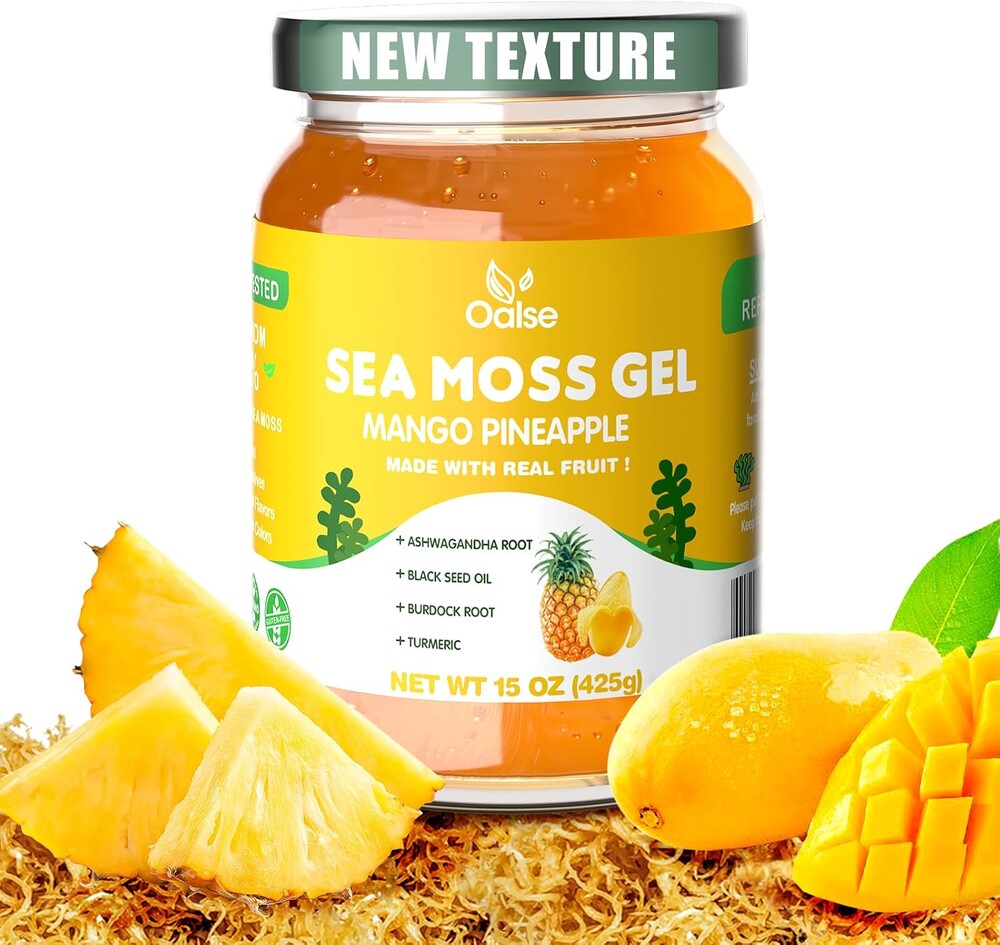 OALSE New Wildcrafted Sea Moss Gel - Natural Seamoss Gel with Ashwagandha Root, Burdock Root, Turmeric - Non-GMO, Gluten-Free, Vegan, Mango Flavor