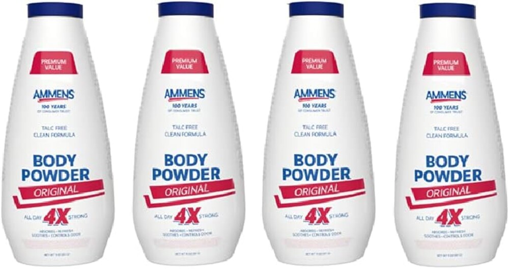 Ammens Body Powder Original – Talc-Free Clean Formula, All-Day 4X Strong Protection, 11 oz (Pack of 4)