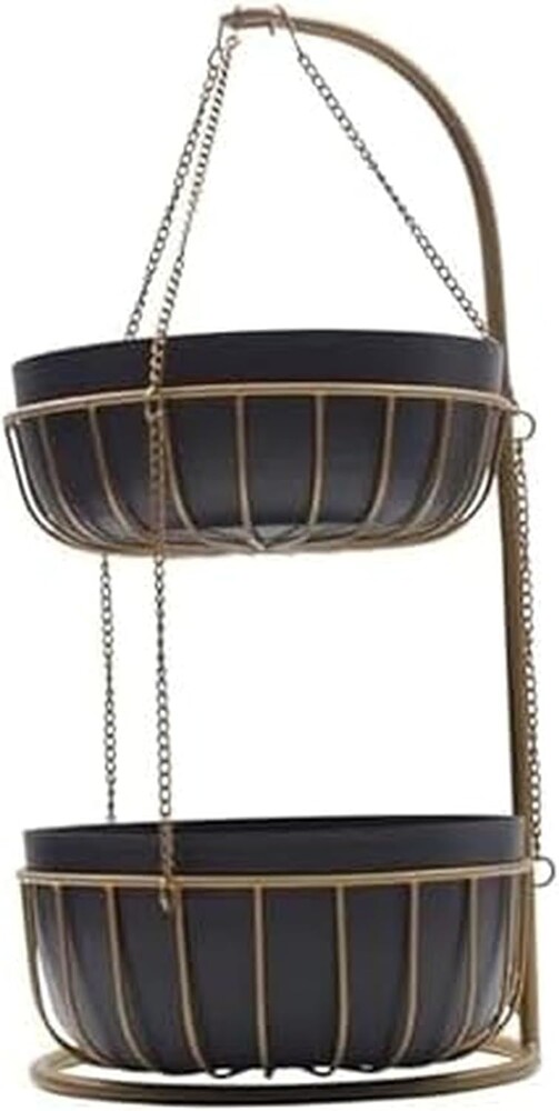 Gourmet Basics by Mikasa Aztec Gold Finish 2-Tier Metal Fruit and Vegetable Storage Basket – Kitchen Countertop Organization and Display Rack