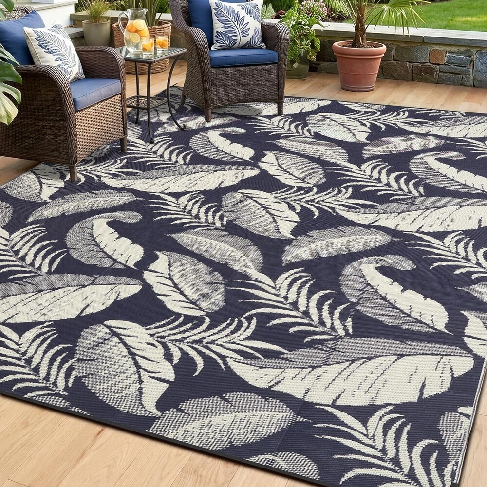 OPPODREAM Reversible Outdoor Rug 6x9, Waterproof Outdoor Plastic Straw Rug for Patio, Tropical Leaf RV Camping Rugs for Outside, Deck, Balcony, Porch, Backyard, Camping, Rv, Navy and Beige