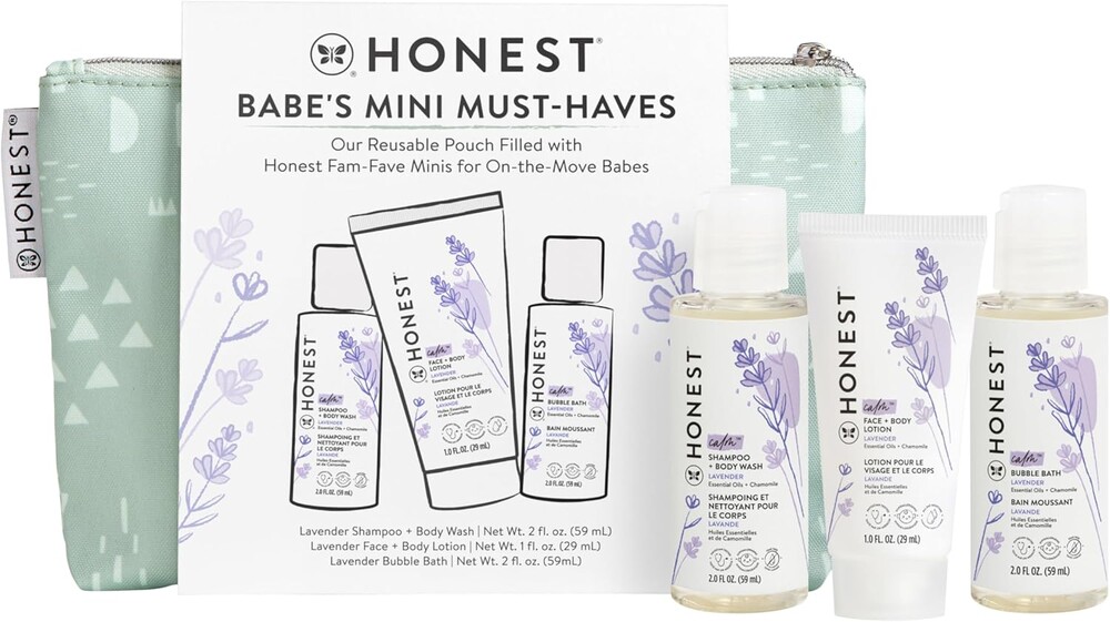 The Honest Company Babe's Mini Must Haves Gift Set Travel Size Hypoallergenic Lavender Bathtime Essentials Shampoo Body Wash (2 fl oz) Face Lotion (1 Bubble Bath