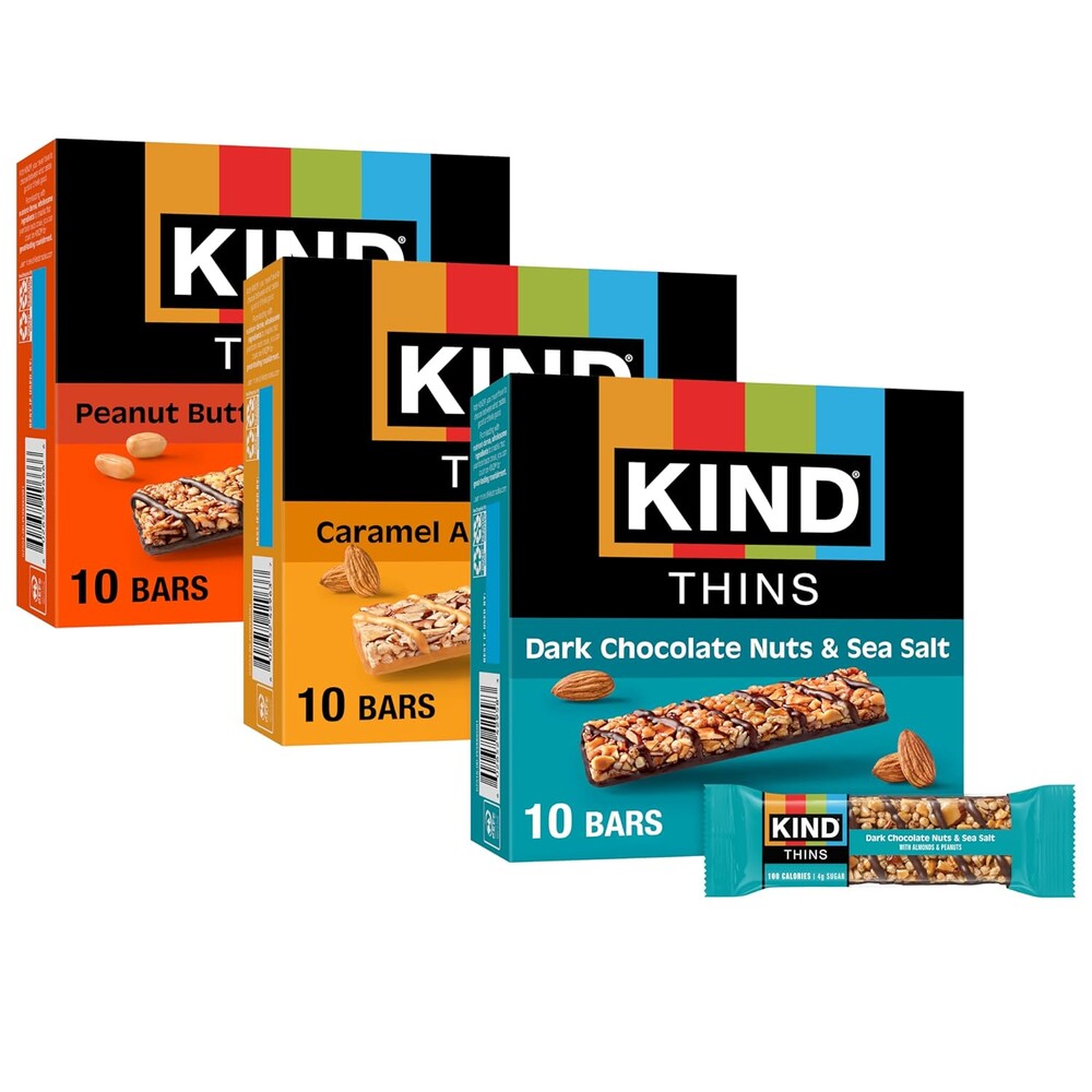 KIND Thins Snack Bars Variety Pack, Gluten Free, Low Calorie, Healthy Snacks, Dark Chocolate Nuts & Sea Salt, Caramel Almond & Sea Salt, Peanut Butter Dark Chocolate, 4g Sugar, 30 Count