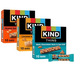 KIND Thins Snack Bars Variety Pack, Gluten Free, Low Calorie, Healthy Snacks, Dark Chocolate Nuts & Sea Salt, Caramel Almond & Sea Salt, Peanut Butter Dark Chocolate, 4g Sugar, 30 Count