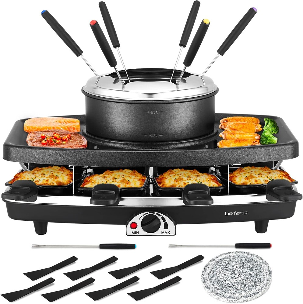 Electric Raclette BBQ Grill with Fondue Pot Sets, Portable Korean Table Grill Electric Indoor Cheese Raclette, Dual Adjustable Thermostats, 8 People Serve Perfect for Parties and Family Fun