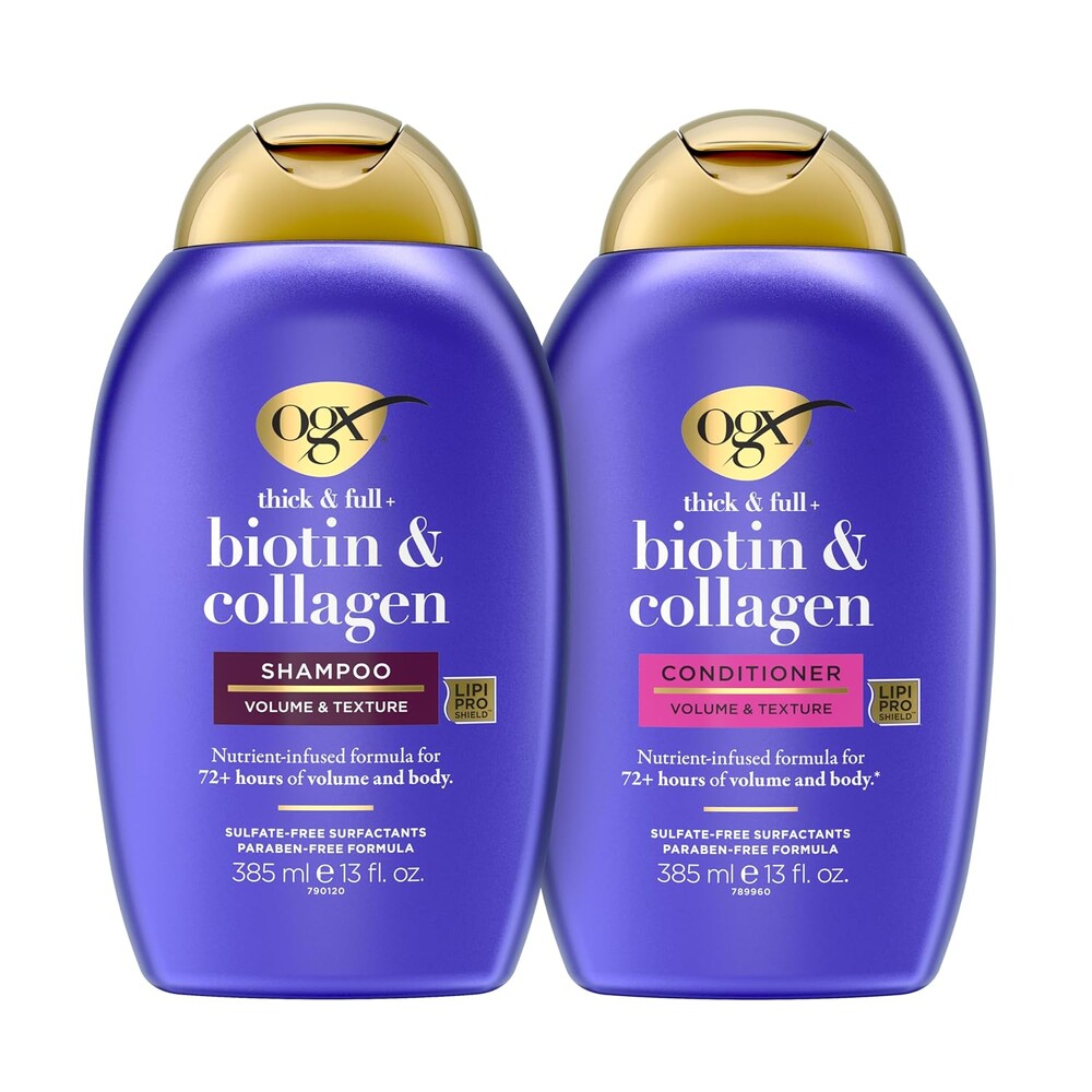OGX Thick & Full + Biotin and Collagen for Hair Volume & Body, Sulfate Free Volumizing Shampoo & Conditioner Set for Fine & Thinning Hair, Nutrient-Infused, Vitamin B7, 13 fl oz, 2 Pack