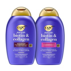OGX Thick & Full + Biotin and Collagen for Hair Volume & Body, Sulfate Free Volumizing Shampoo & Conditioner Set for Fine & Thinning Hair, Nutrient-Infused, Vitamin B7, 13 fl oz, 2 Pack