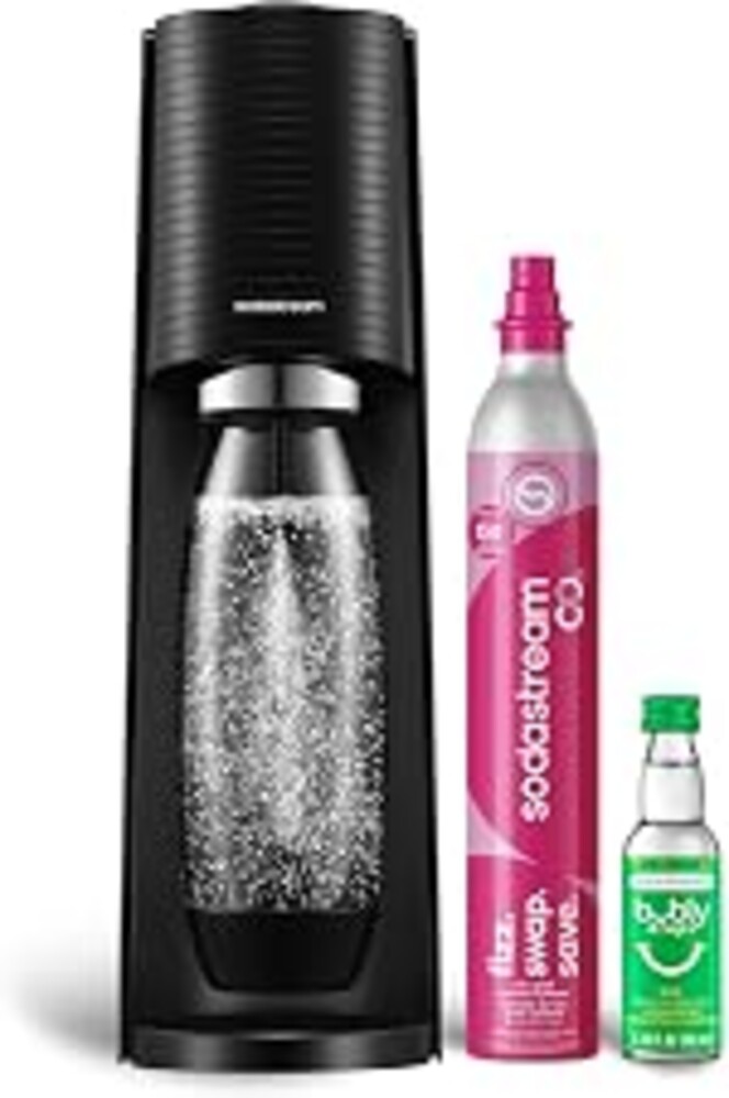 SodaStream TERRA Sparkling Water Maker, Starter Kit, CQC CO2 System, Includes 1 Quick Connect 60L CO2 Cylinder, 1 Dishwasher Safe BPA Free Bottle, 1 bubly Lime Drop, Make your own Pepsi, Black