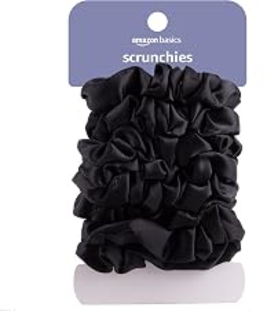 Amazon Basics Satin Scrunchies – No Crease, No Damage Hair Ties – Frizz Free, Gentle, Stylish Scrunchies. Black, 8 Count, For Thin and Normal Hair