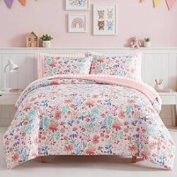 Kaleido Space Full Comforter Set for Girls Kids - 7 Pieces Pink Flowers Full Size Bedding Sets for Kids, Soft Cozy Bed in a Bag with Sheets