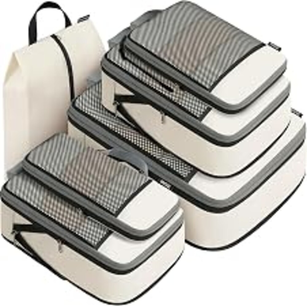 BAGAIL 4 Set/6 Set/8 Set Compression Packing Cubes Travel Accessories Expandable Packing Organizers (Half Mesh, 6-Beige)