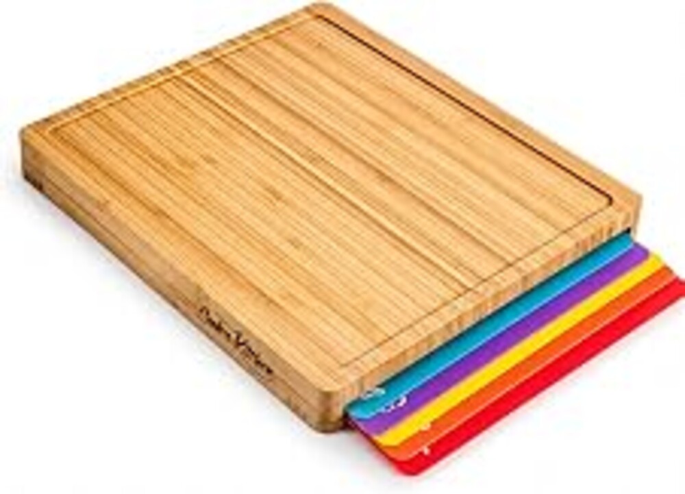 Bamboo Cutting Board Set with 6 Color Coded Flexible Mats Food Icons, BPA-Free Non Slip Easy Clean Cutting Boards for Kitchen with Holder, Dishwasher Safe, Meal Prep & Serving, Large | Cooler Kitchen