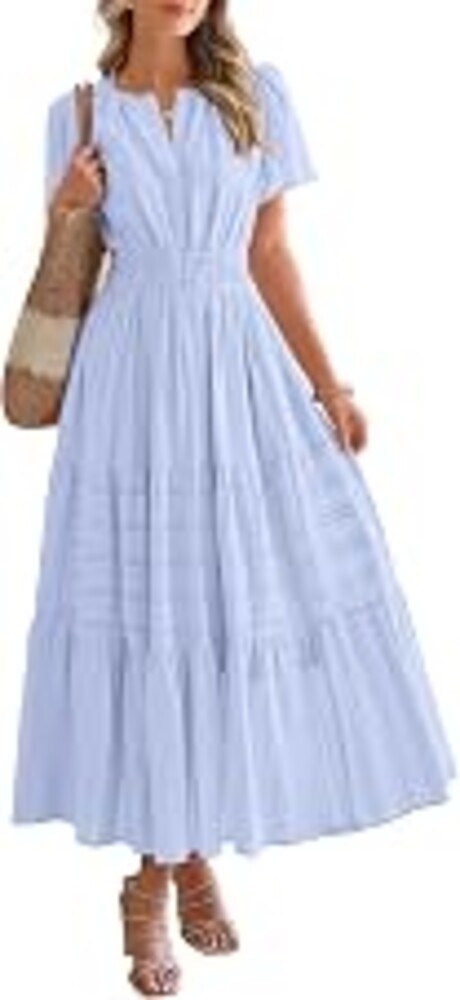 BTFBM Womens Summer 2026 Casual Midi Maxi Dresses Lightweight Short Sleeve V Neck Elastic Waist Boho Beach Dress Pockets
