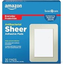 Amazon Basic Care Sheer Adhesive Pad Bandages for Minor Cuts, Scrapes and Wounds, Extra Large 3 x 4 in, Non-Stick Pad, 30 Count