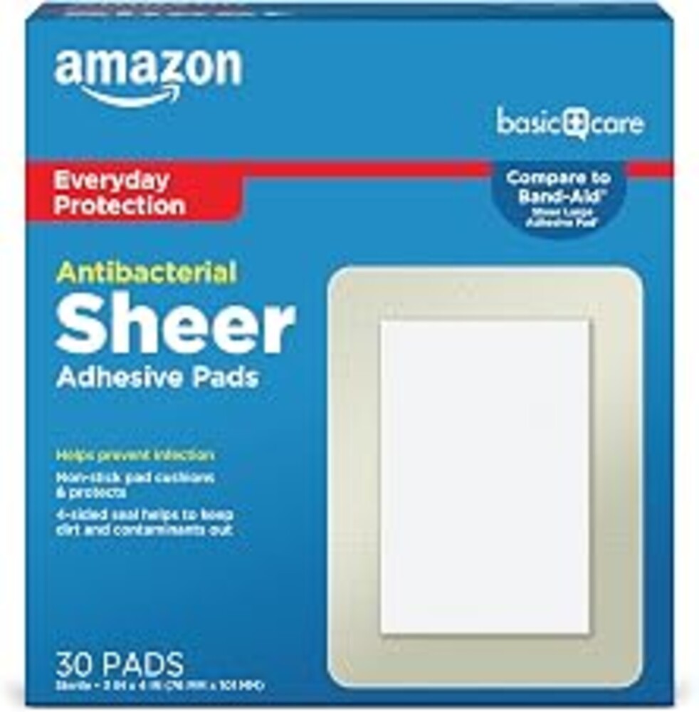 Amazon Basic Care Sheer Adhesive Pad Bandages for Minor Cuts, Scrapes and Wounds, Extra Large 3 x 4 in, Non-Stick Pad, 30 Count